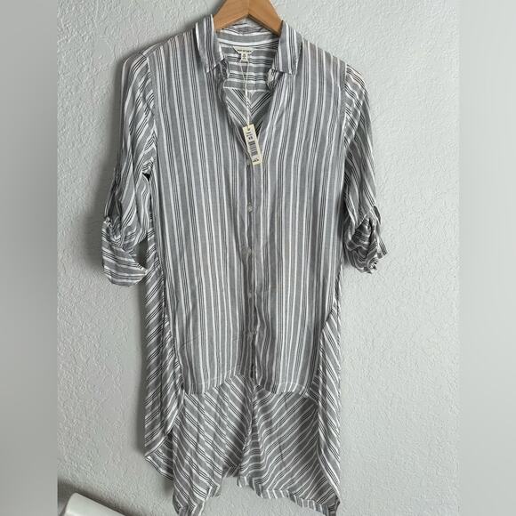 NEW Max Studio Black White Stripe Long Button Up Shirt Roll Tab Sleeve Preppy - Picture 1 of 7